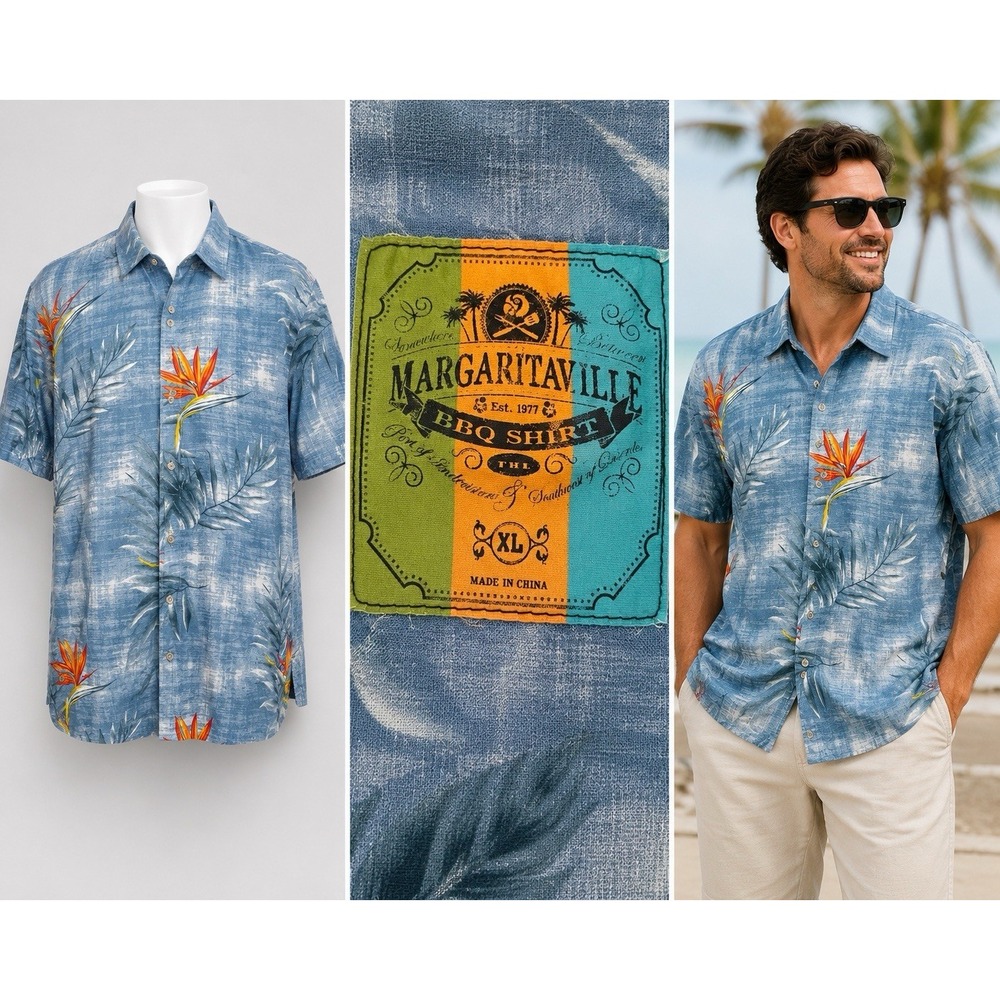Margaritaville BBQ Hawaiian Shirt Mens XL Blue Orange Floral Short Sleeve Beach